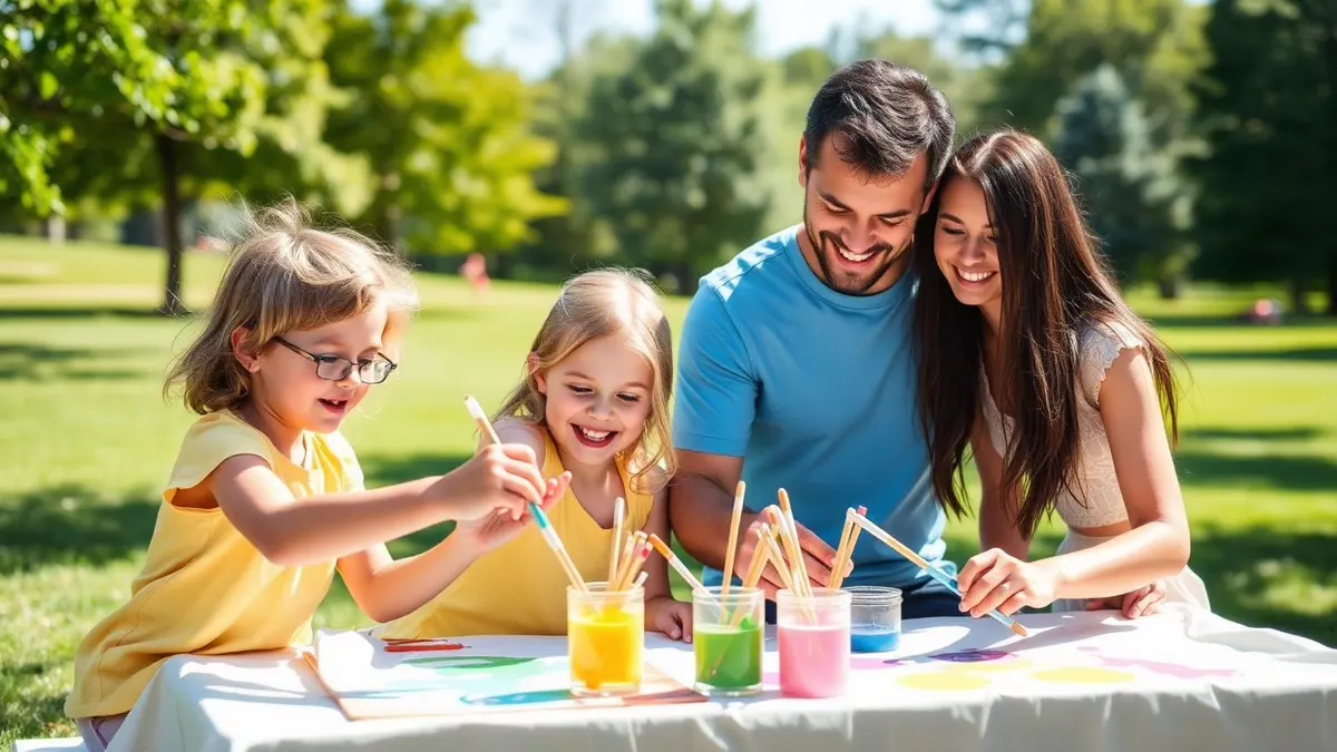 Familie cu doi copii la un atelier creativ de pictură într-un parc însorit
