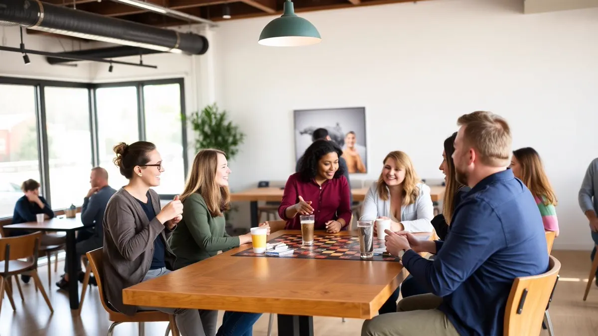 Oameni care socializează la o seară de board games într-o cafenea luminoasă
