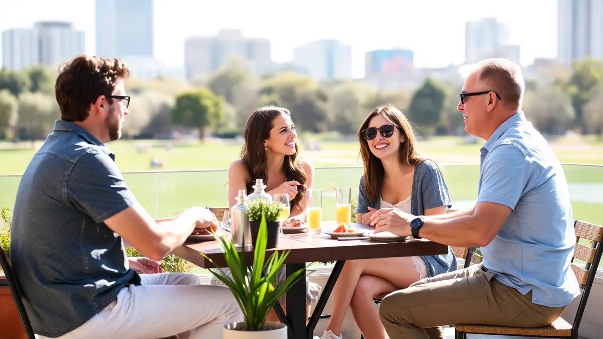 Grup de prieteni la un brunch de weekend pe o terasă însorită lângă un parc